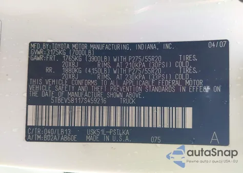 2007 Toyota Tundra Limited 5.7L V8 z USA, uszkodzony, nr VIN 5TBEV58117S459216